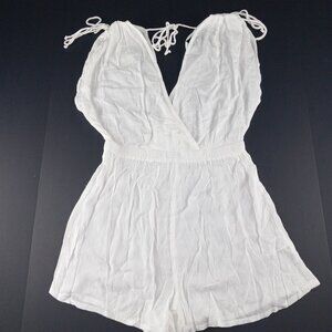 ASOS Women's Double V-Neck Plunge Romper Size 4 White Crinkle Gathered Waist